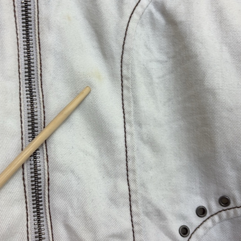 Jakket NY | Cream White Leather & Twill Riveted Studded Zip Pocket Moto Jacket S - Picture 7 of 16
